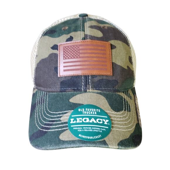 Legacy 92 Old Favorite Trucker Hat Green Camo Leather American Flag Patch New - Picture 1 of 8